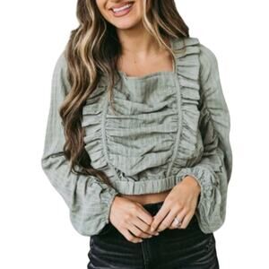 Hyfve Puff Sleeve Long Sleeve Blouse Square Neck Top Size Small Green NWOT